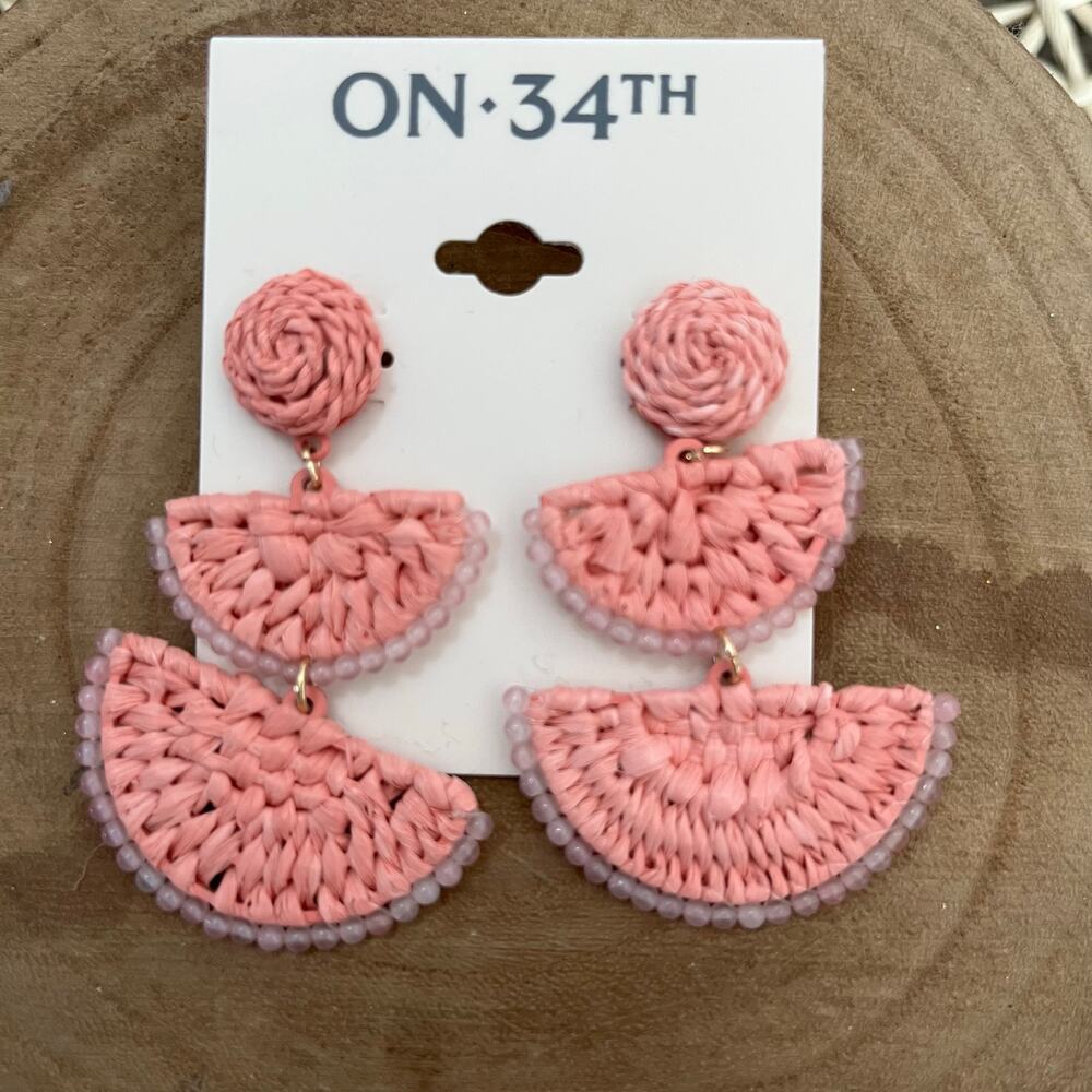 ON 34th Pink Gold-Tone Stone Bead & Woven Raffia Drop Earrings - Picture 1 of 3
